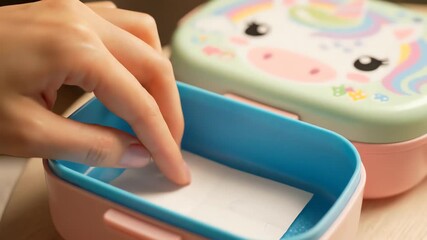 A small hand carefully places a white note into a brightly colored, pastel unicorn lunch box, captured in a detailed close-up shot, conveying a sweet, playful indoor mood.
