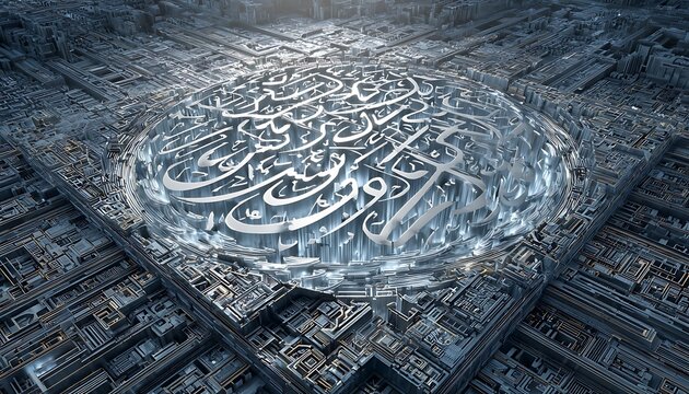 3D hologram calligraphy pulsing white inside high-tech command center - Powered by Adobe