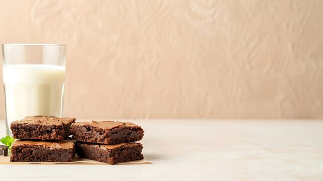 Delicious chocolate brownies stacked next to a glass of milk