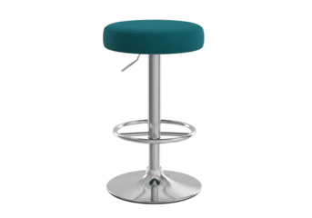 Teal bar stool with chrome base, a modern and stylish piece of furniture.