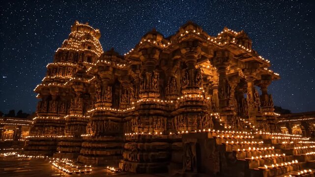 Diwali Festival of Lights: Ancient Indian Temple illuminated by Deepavali Diyas under starry night. Hindu cultural tradition, celebration, Happy Diwali greeting.