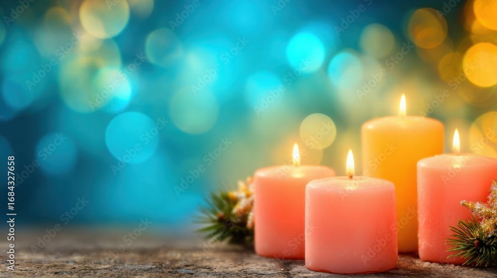 Poster colorful candles illuminate a serene setting with soft bokeh background