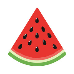 A classic triangular slice of juicy red watermelon with black seeds, symbolizing summer refreshment, healthy snacks, and vibrant fruit concepts