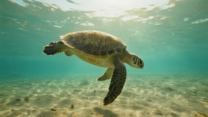 Obraz premium Sea Turtle Swimming Gracefully Underwater in Clear Blue Water