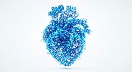 Digital rendition of a human heart made of interconnected blue lines and nodes on white background, concept for medical technology, cardiology research, and healthcare innovation