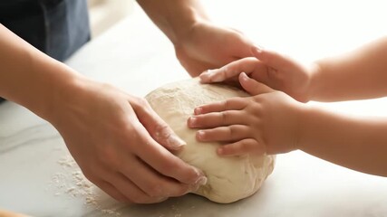 A warm, natural light close-up captures parent and child hands kneading fresh dough on a marble kitchen counter, emphasizing a sweet bonding moment.