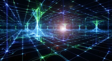 Abstract network with interconnected nodes and glowing light, symbolizing technology and connectivity.