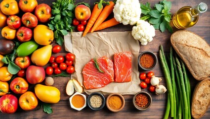 Fresh salmon fruits vegetables and bread on a rustic wooden table