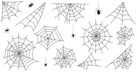 Obraz premium Spiders and webs for Halloween, doodle style insects, spider webs set