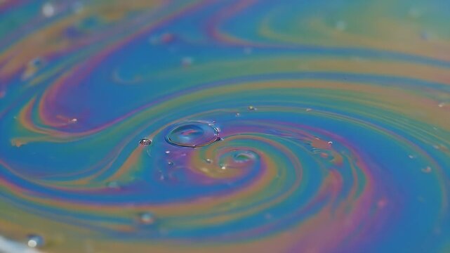 Mesmerizing iridescent oil slick swirls with shimmering water droplets creating a vibrant, fluid art pattern