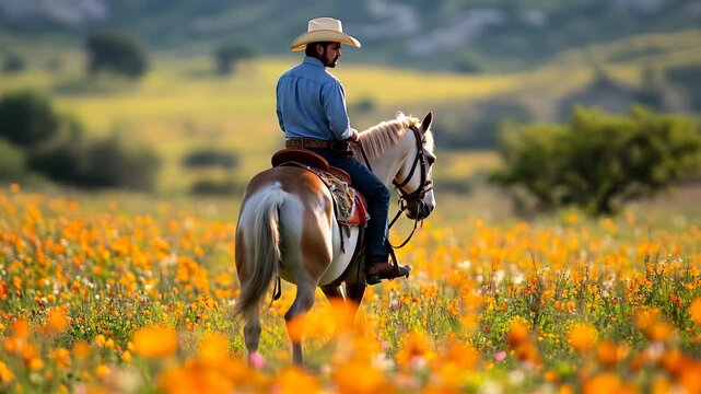 Traditional ranchero in a cowboy hat and boots explores rolling landscapes on horseback, surrounded by blooming flowers. Video made using Generative AI.