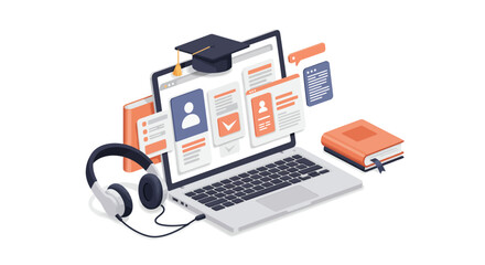Modern 2D vector illustration of online education, clean flat design, white background, featuring laptop, e-learning