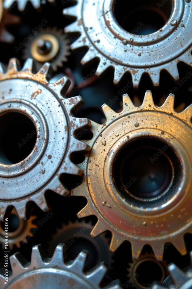 Poster close-up view of interlocking metal gears with unique textures and rusty surfaces in industrial sett