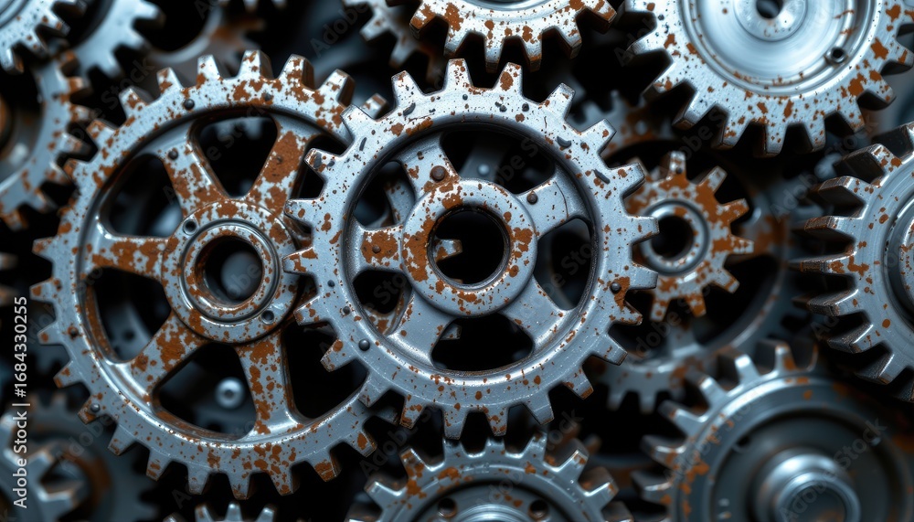 Poster close-up view of rusty metal gears intertwined in a complex mechanical assembly with detailed textur