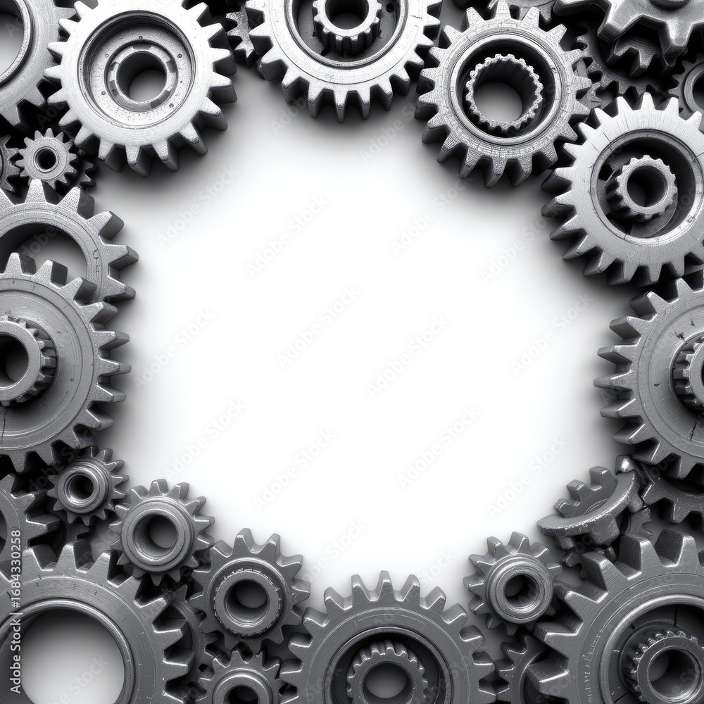 Poster industrial gears and cogs forming circular frame for mechanical or engineering concepts and backgrou