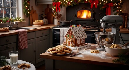 Festive Christmas baking in a rustic kitchen, featuring a decorated gingerbread house, warm cookies, and a cozy fireplace ambiance