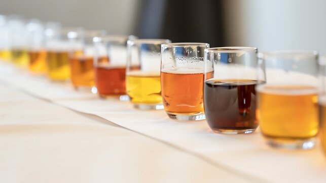 Row of beer glasses with varying colors and foamy heads