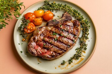 A perfectly grilled steak, seasoned to perfection, sits on a plate garnished with fresh herbs and cherry tomatoes, presented against a soft peach background.