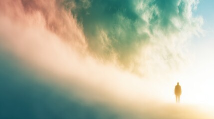 Mysterious figure walking through colorful fog at dawn