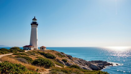 Scenic coastal lighthouse on rocky shore with bright blue ocean and clear sky during sunny day