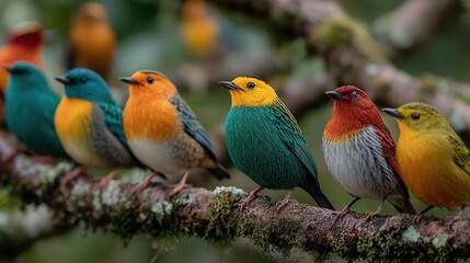 Fototapeta premium Stunning Array of Colorful Bird Species with Unique Sizes and Lush Plumage Resting in Peaceful Natural Surroundings Inspiring Wildlife Appreciation