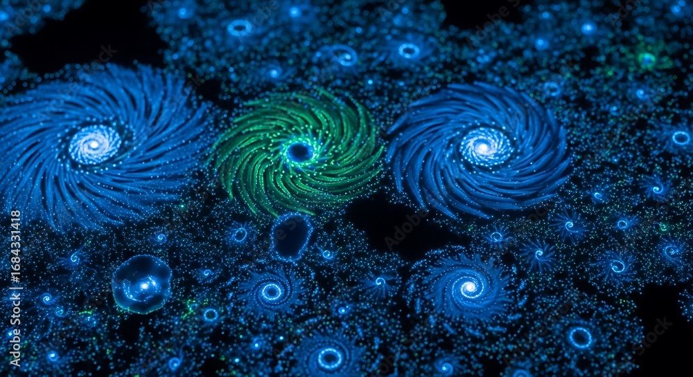 Poster luminous vortices: an abstract composition with radiant spirals and swirling color patterns, evoking