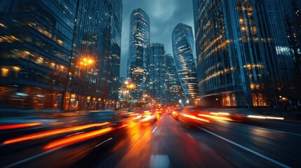 Obraz premium Dynamic Urban City Street at Dusk with Vibrant Light Trails Evoking Energy and Excitement in Metropolitan Life