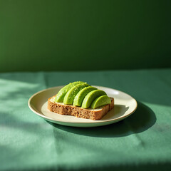 Avocado Toast on White Plate with Green Background and Shadow