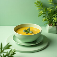 Bright Green Bowl of Creamy Yellow Soup Garnished with Fresh Basil on Green Plate with Potted Plant