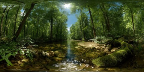 Naklejka premium Panoramic view of serene forest stream