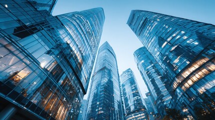 Striking Low-Angle Shot of Contemporary Glass Skyscrapers Demonstrating Urban Sophistication and Vibrancy in a Thriving Chinese Metropolis