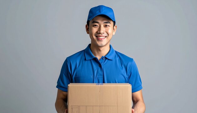 Smiling delivery man in blue uniform holds a cardboard box against a gray background.