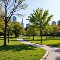 Obraz premium Serene Urban Park Pathway Surrounded by Lush Green Trees and Modern City Skyline in Bright Daylight