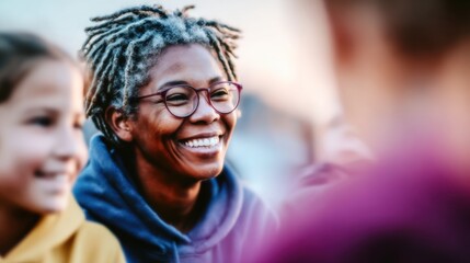 Obraz premium Smiling woman enjoys an outdoor gathering with children during sunset