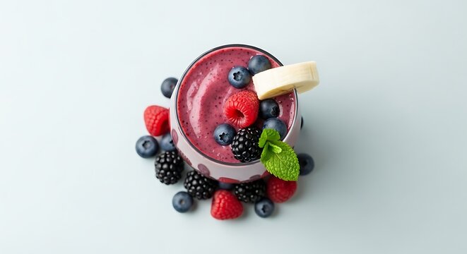 Vibrant berry smoothie topped with fresh fruit, a delightful and nutritious refreshment for a healthy lifestyle that