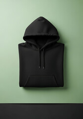 Black Hoodie Sweater Folded on Light Green Background Modern Casual Fashion
