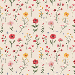 Watercolor floral seamless pattern on beige background