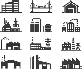 Industrial buildings, factories, warehouses, bridges, power plants, silos, chimneys, infrastructure icons set for construction, manufacturing, architecture, engineering, energy industry design