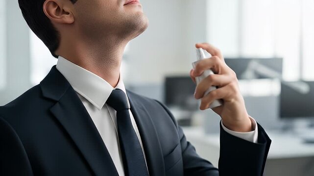 Elegant businessman in a stylish suit applying cologne to his neck, the final touch in his grooming routine for a confident day