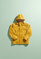 Yellow Hooded Waterproof Jacket on Light Green Background for Outdoor and Rainwear Marketing