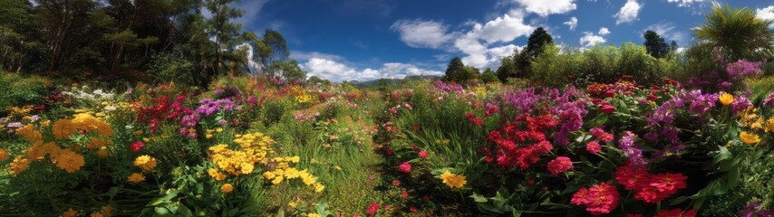 Vibrant flower field nature hdr panoramic view