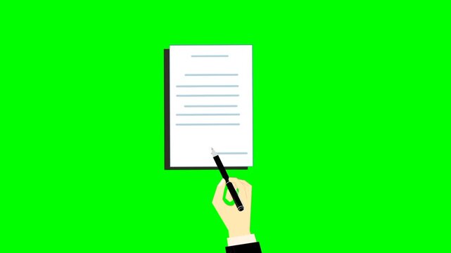 Animated hand signing document in business deal. contract agreement. Flat design of signature process. Hand holding pen on paper
