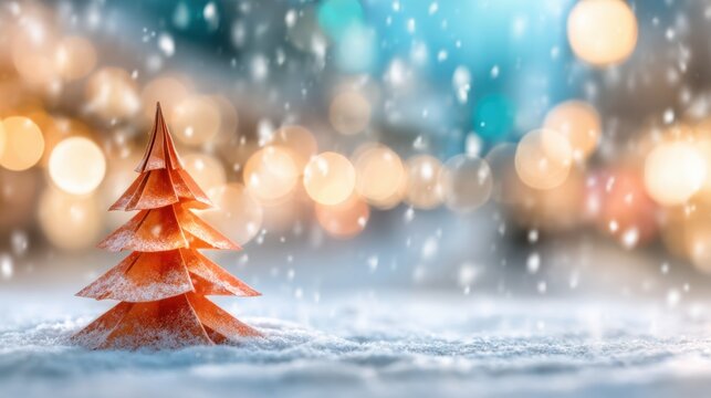 Festive orange paper tree nestled in snowy landscape with blurred lights