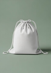 White Drawstring Backpack on Soft Green Background