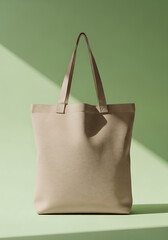 Beige Tote Bag with Long Handles on Green Background Natural Lighting Minimalist Style