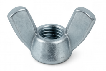 Wing nut fastener displaying metallic texture, threaded interior revealing precision engineering, positioned for industrial use against transparent backdrop