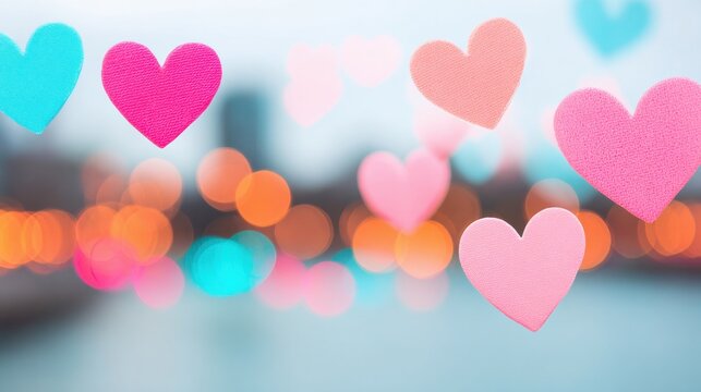 Colorful hearts floating above a blurred cityscape during twilight hours