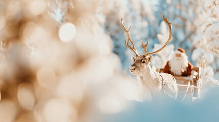 Santa on a sleigh pulled by a reindeer in a snowy landscape during winter