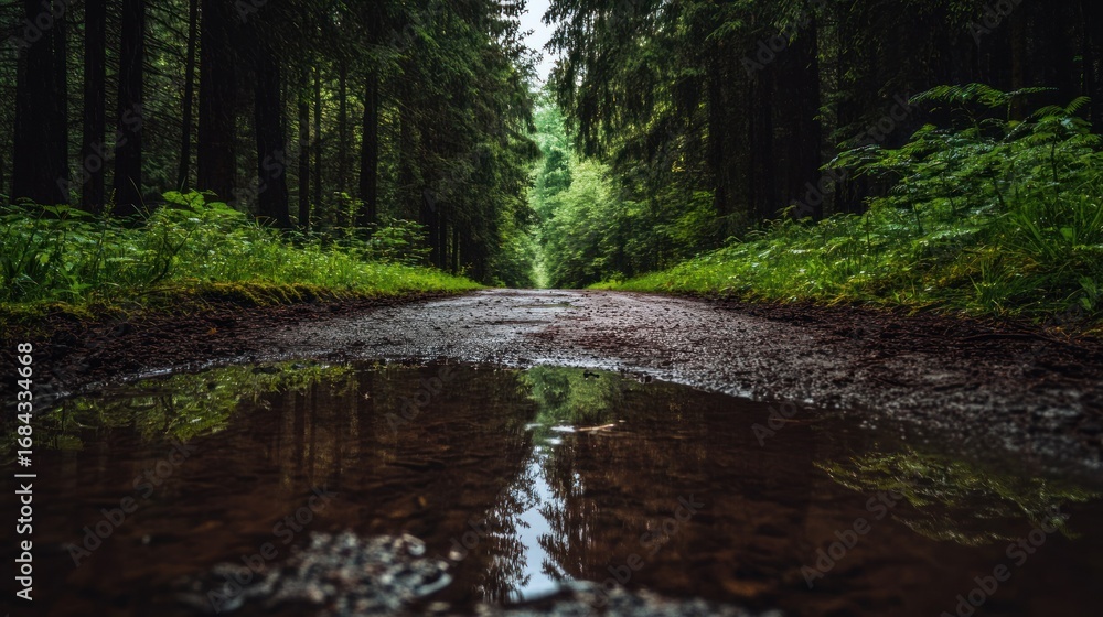 Poster forest path reflecting in a puddle after rain.