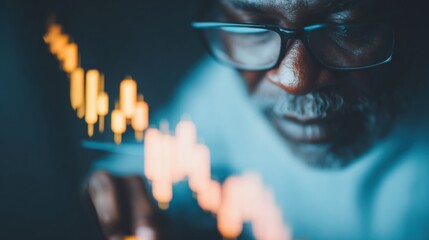 Business professional analyzes stock market trends using data visuals